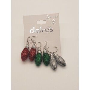 Claires Christmas Bulb Red Green Silver Hook Back Pierced Earrings 3 Pair
